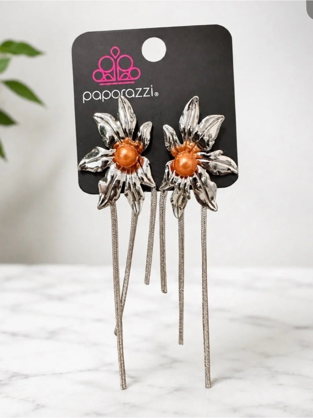 Paparazzi Silver Floral Statement Chain Tassel Earrings NWT